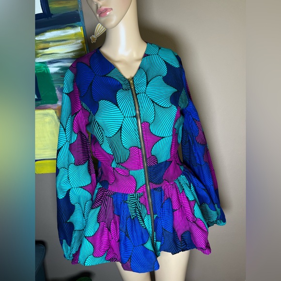 Mae Oti African Ankara Wax Print Peplum Top Full Zip Blouse Size S - Picture 3 of 17